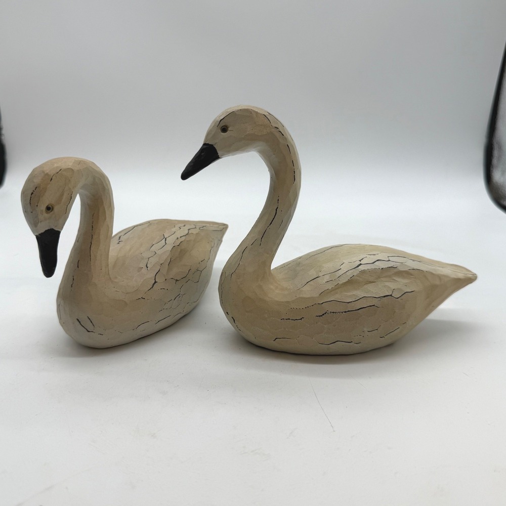 Vintage Rustic Hand Carved Wooden Swan Figurines Set of 2 Crackle Finish Cream